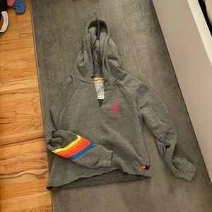 Aviator Nation 5 Stripe Neon Rainbow Bolt Sweatshirt Cropped